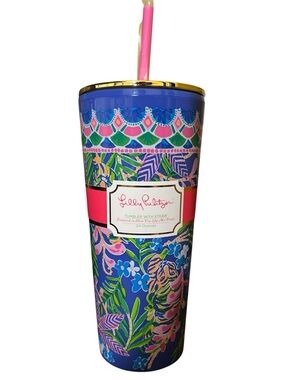 Lilly Pulitzer Blue Multicolor Floral Tumbler with Pink Straw